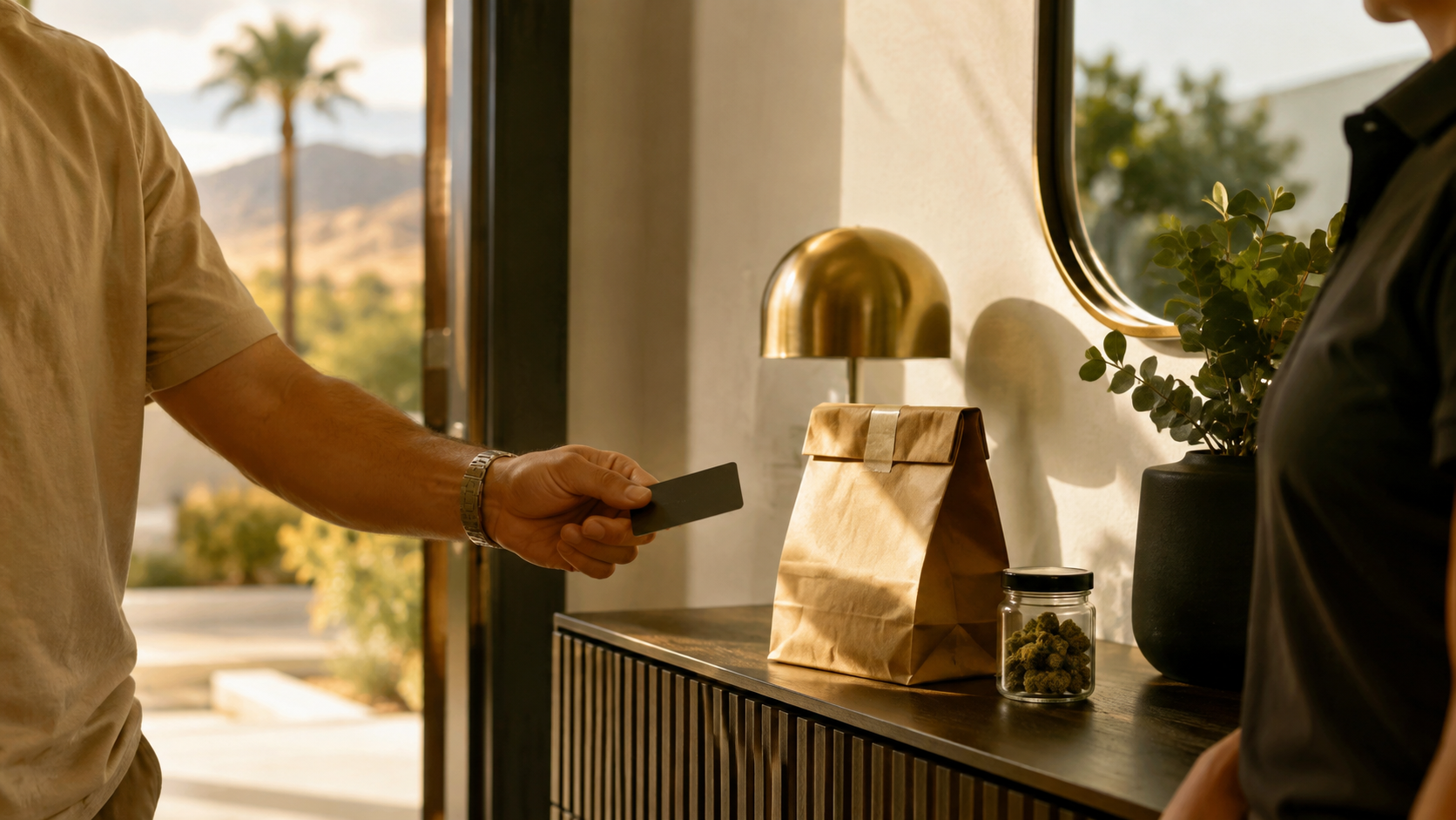 Customer presenting a blank payment card beside a discreet cannabis delivery bag