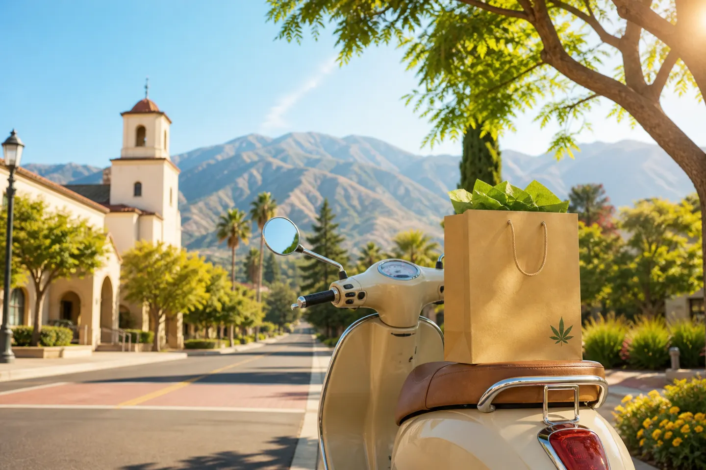 Bright Claremont weed delivery scene with a discreet cannabis order bag, foothill streets, and Southern California sunshine