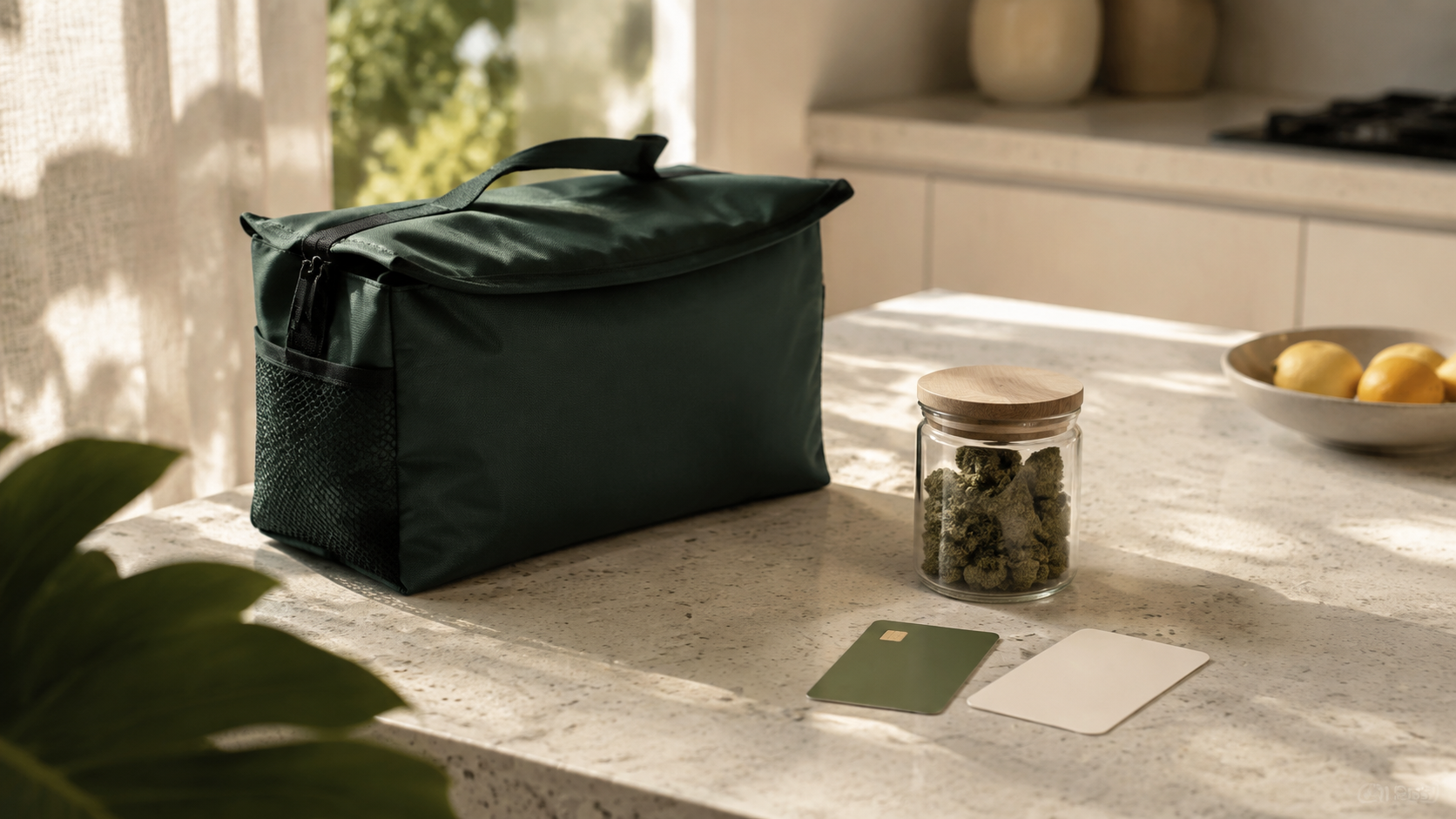 Unbranded payment card beside a discreet cannabis delivery bag and flower jar