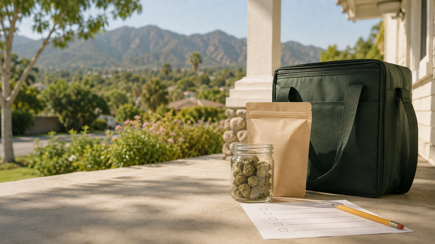 Cannabis delivery tote, flower jar, and blank checklist on San Dimas porch