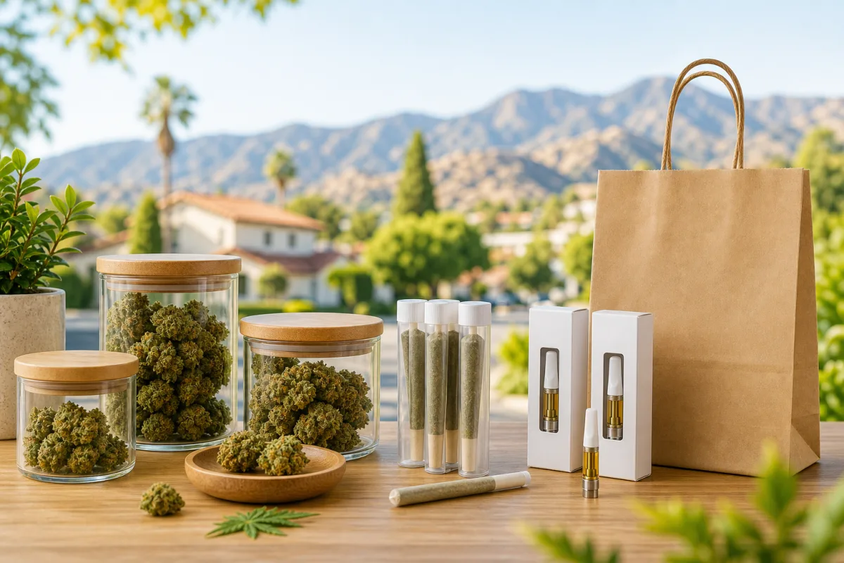 Bright cannabis delivery flat lay with flower, pre-rolls, vapes, and La Verne foothill colors