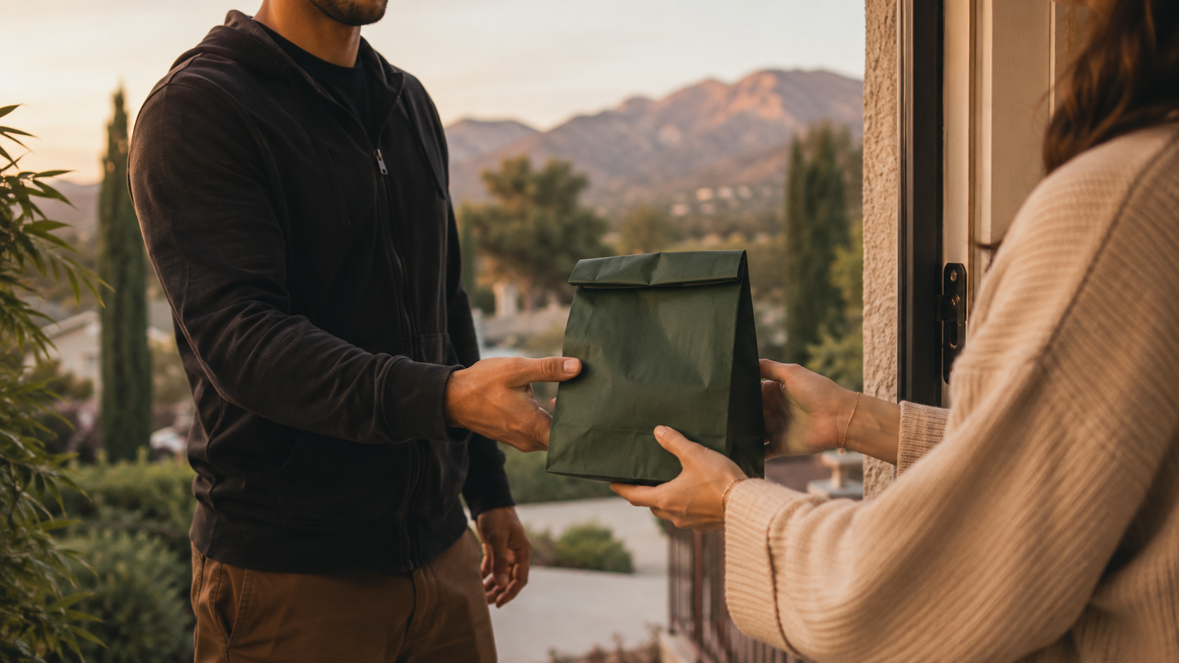 Adult courier handing a discreet green delivery bag to a customer
