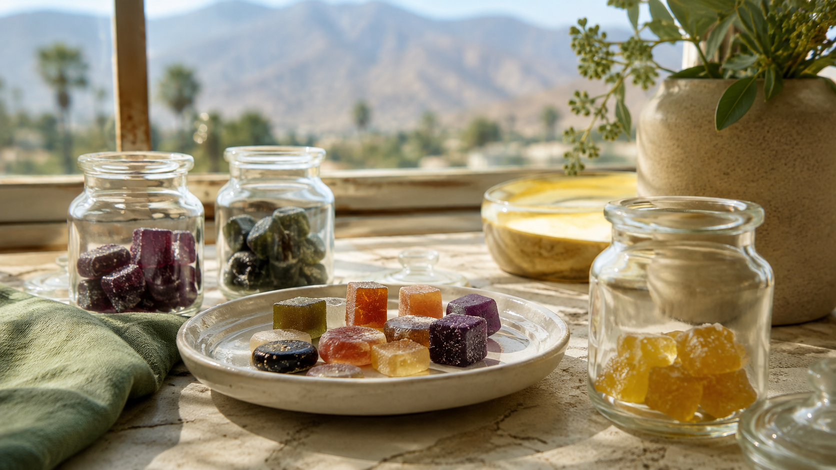 Assorted cannabis gummies in unlabeled glass jars near Inland Empire foothills